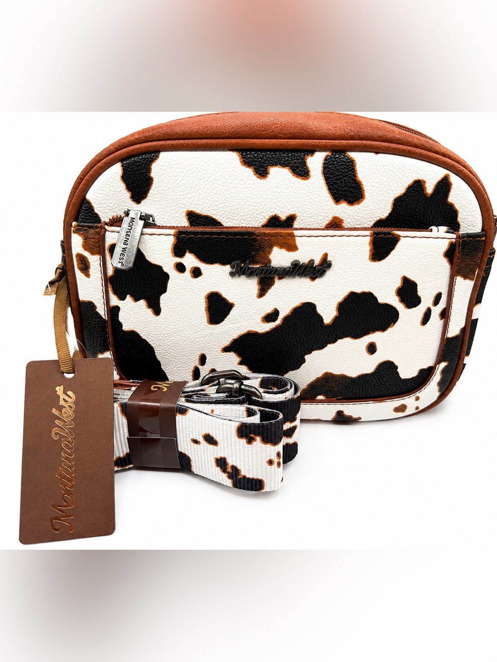 Montana West Cowhide Print Crossbody with Brown Trim